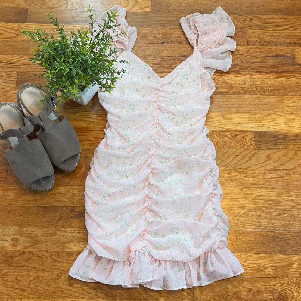 Elodie Womens XS Pink Floral Ruffle Chiffon Ruched Bodycon Mini Dress Spring